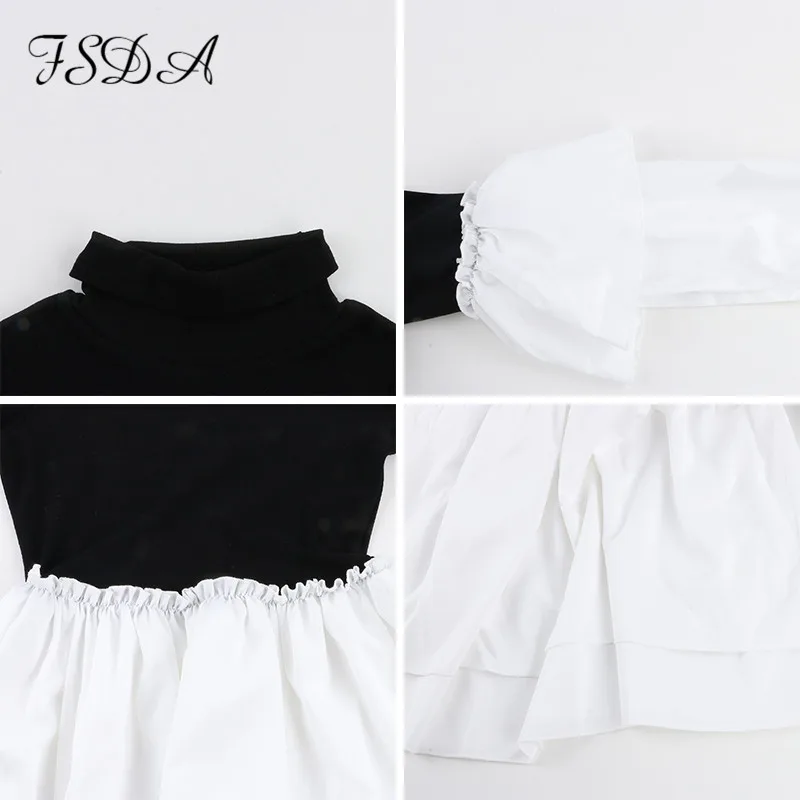 FSDA 2020 Turtleneck Dolgo Puff Rokav Obleka Mini Linija Ruffles Ženske Priložnostne Mozaik Klub Črni Jesen Zima Stranke Obleke