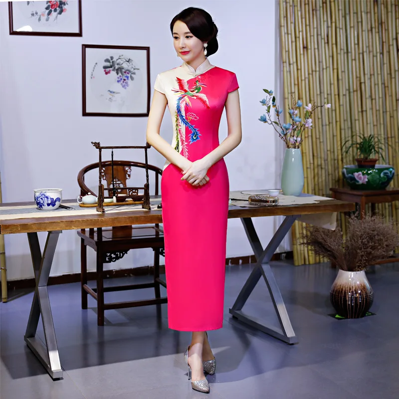 FZSLCYIYI Natisnjeni Saten Phoenix Cheongsam Klasičnih Kitajskih Žensk Seksi Qipao Elegantno Kratek Rokav Dolgo Novost Obleko Plus Velikost 5XL