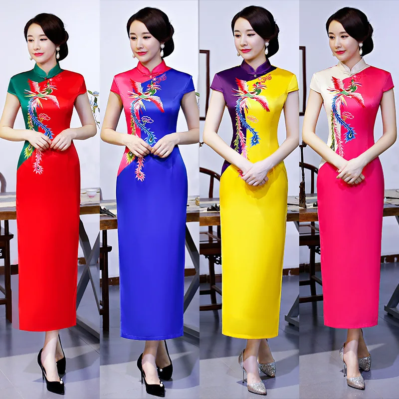 FZSLCYIYI Natisnjeni Saten Phoenix Cheongsam Klasičnih Kitajskih Žensk Seksi Qipao Elegantno Kratek Rokav Dolgo Novost Obleko Plus Velikost 5XL