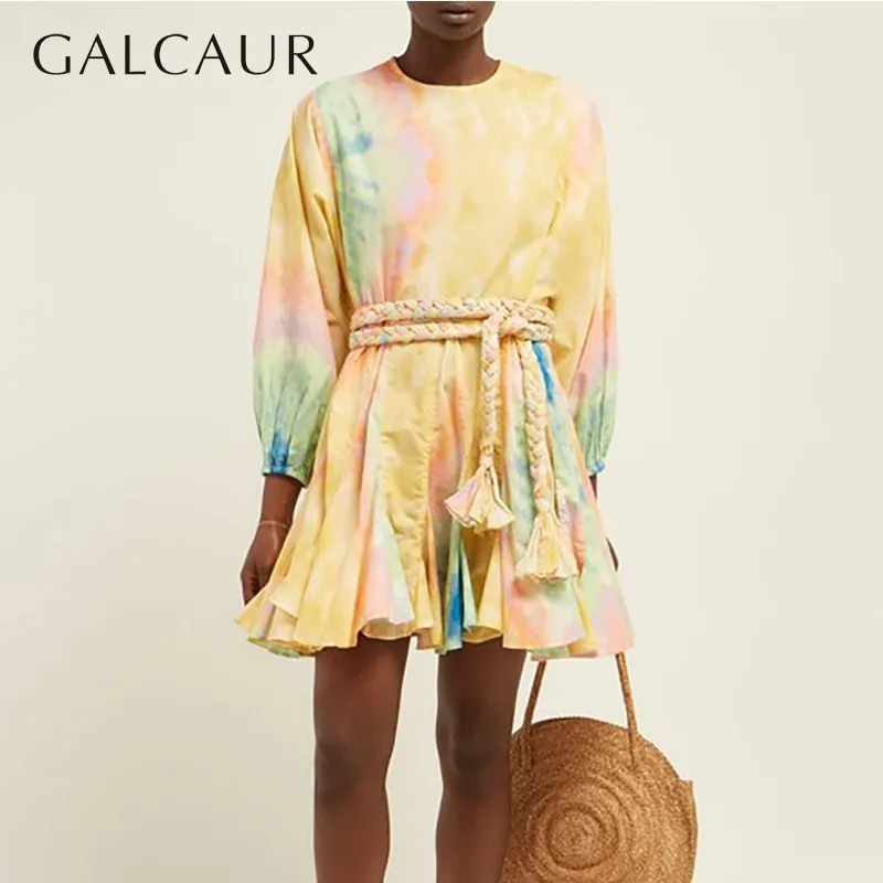 GALCAUR Beach Slog Ženska Obleka O Vratu Dolg Rokav Visoko Pasu Povoj Mozaik Mini Ženske Obleke 2020 Modi Nove Priložnostne