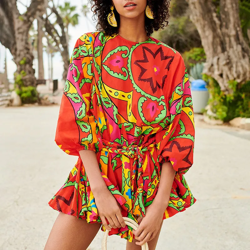 GALCAUR Beach Slog Ženska Obleka O Vratu Dolg Rokav Visoko Pasu Povoj Mozaik Mini Ženske Obleke 2020 Modi Nove Priložnostne