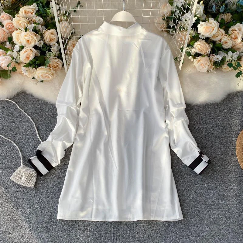 GALCAUR Mozaik Belo Črtasto Majico Za Ženske River Dolg Rokav Ena Velikost Priložnostne Bluzo Ženski 2020 Jeseni Mode Nova Oblačila