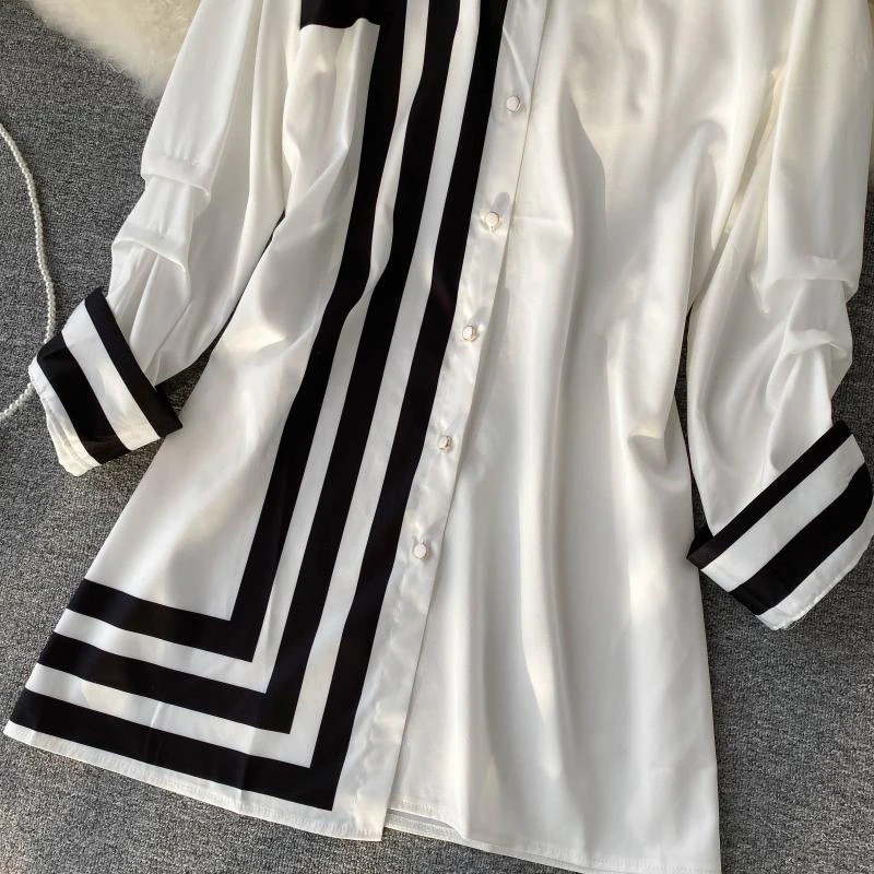 GALCAUR Mozaik Belo Črtasto Majico Za Ženske River Dolg Rokav Ena Velikost Priložnostne Bluzo Ženski 2020 Jeseni Mode Nova Oblačila