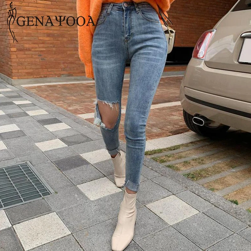 Genayooa Harajuku Ripped Kavbojke Za Ženske Visoko Pasu Skinny Kavbojke Ženske Ulične Slim Ženske Jeans Hlače Traper Slog Korejski