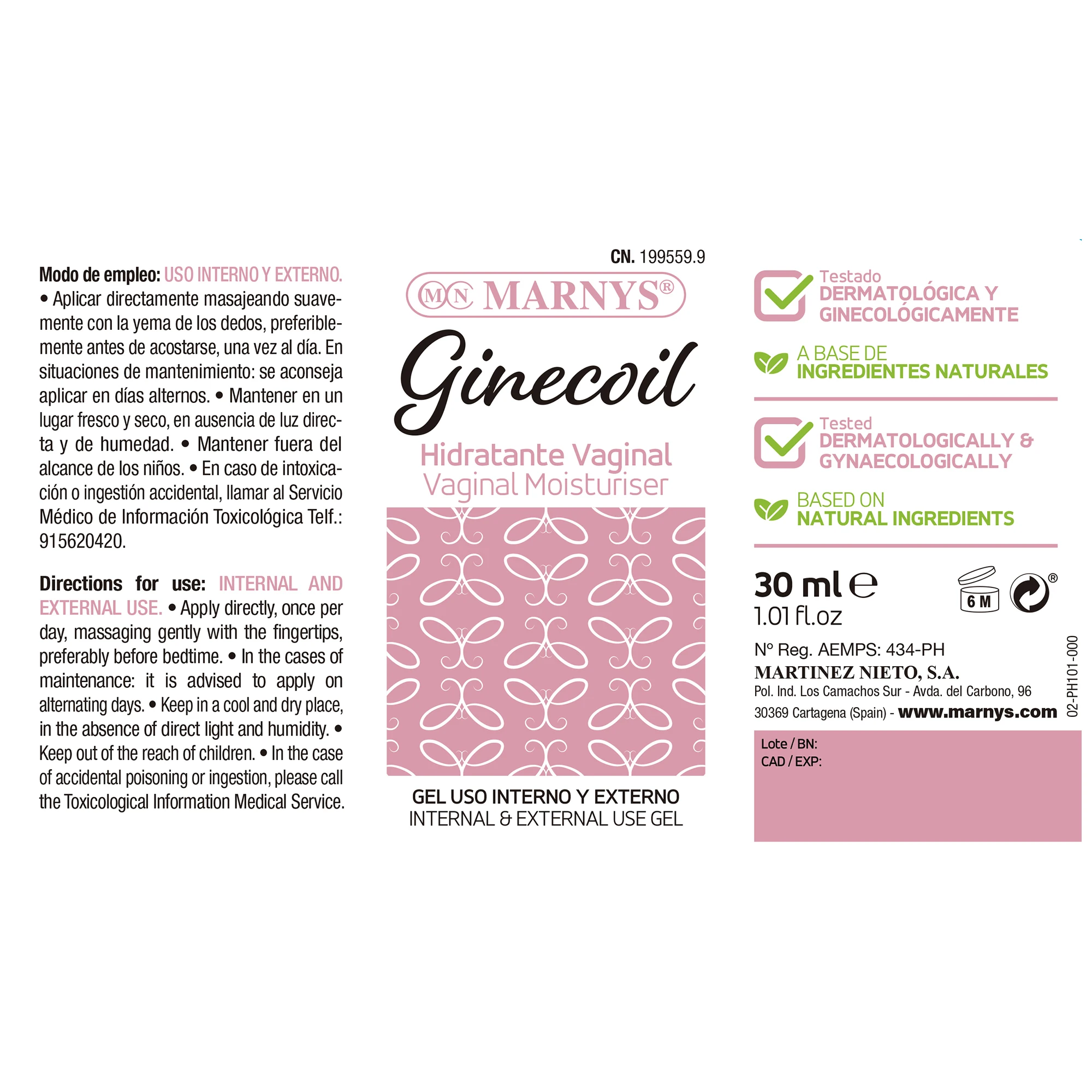 Ginecoil MARNYS vaginalne vlažilna Gel z hialuronska kislina zunanjo in notranjo uporabo | vaginalna suhost | Vlažilna in čvrstost