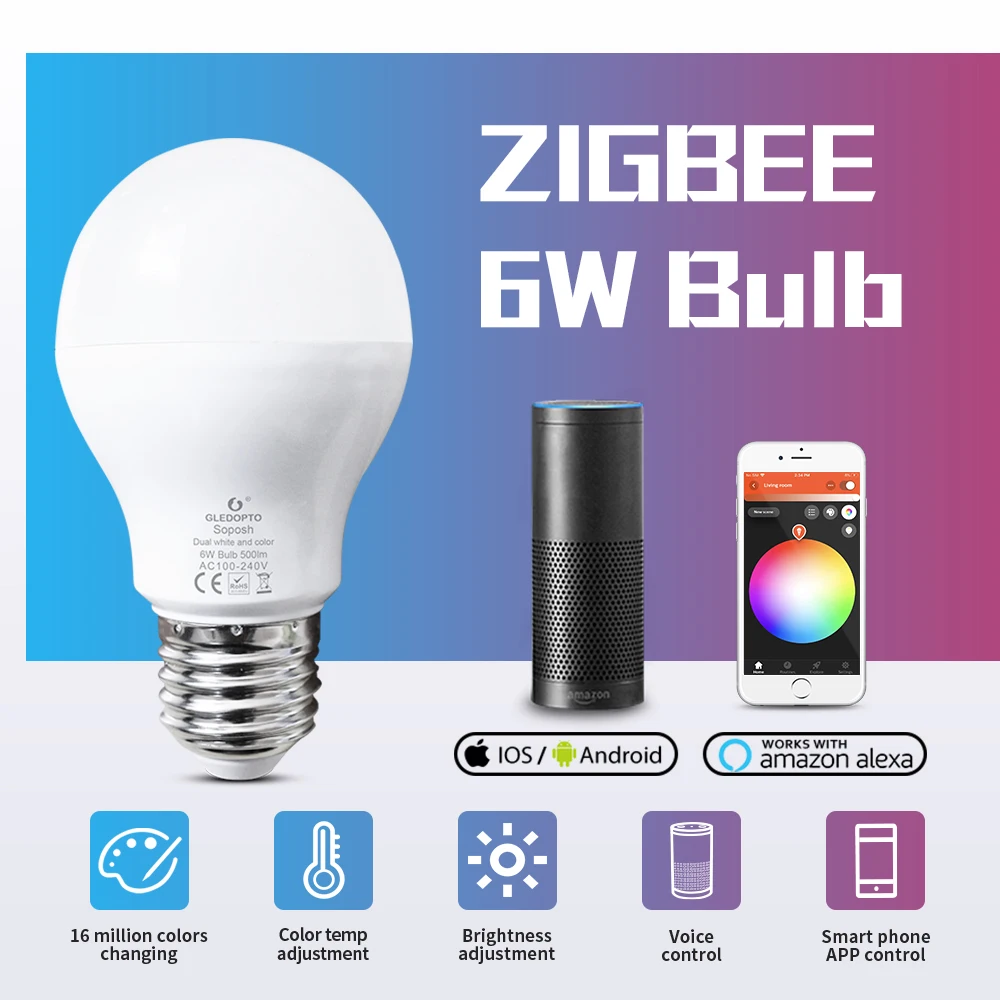 GLEDOPTO 6W RGB+SCT led žarnice Zigbee zll lingt povezavo rgbww/cw žarnica združljiva z Amazon Echo plus in veliko vhodov, barvita