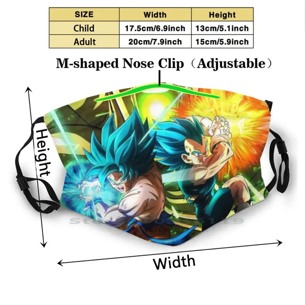 Goku In Vegeta SuperSaiyan Blue Print Večkratno Uporabo Pm2.5 Filter DIY Usta Masko Otroci Goku Vegeta Gogeta Vegito Broly Modri Bog