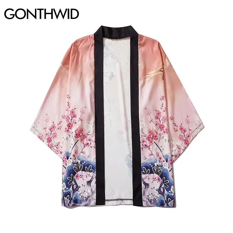 GONTHWID Japonski Dekle Žerjav Tiskanja Cvetovi Cvetlični Kimono Jopico Moške Srajce Moda Poletje Priložnostne Ulične Jakne Plašči Vrhovi