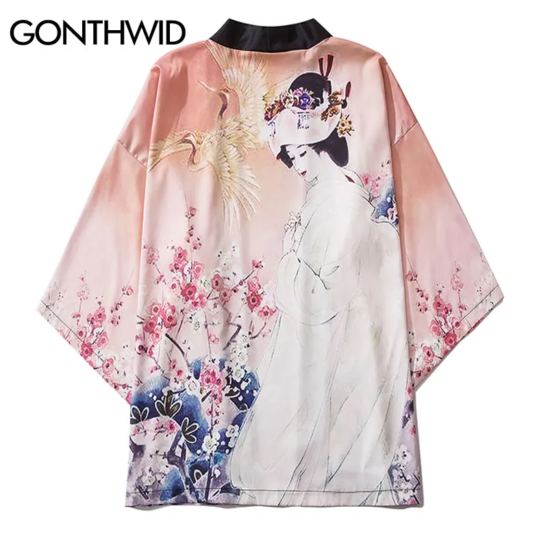 GONTHWID Japonski Dekle Žerjav Tiskanja Cvetovi Cvetlični Kimono Jopico Moške Srajce Moda Poletje Priložnostne Ulične Jakne Plašči Vrhovi