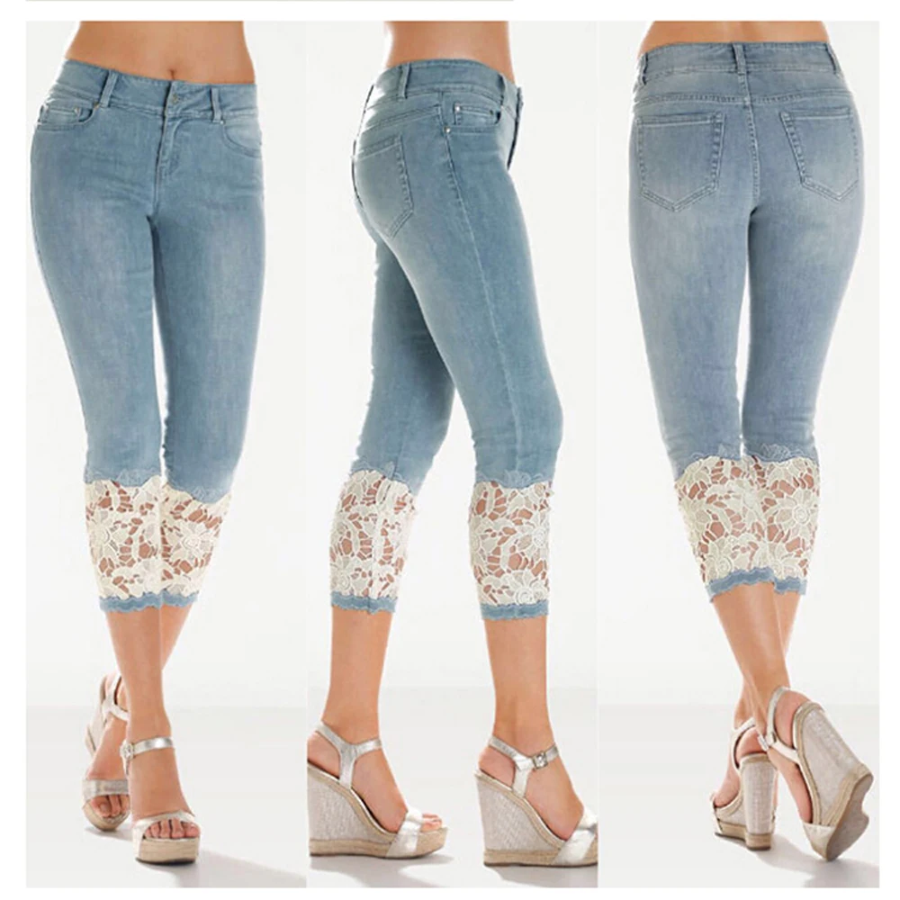 Gospe Denim Jeans Sredi Pasu Moda Slim Fit Šivanje Čipke Slog Mama Kavbojke 2020 Poletje Novo Čipke Dame Jeans Odrezana Hlače