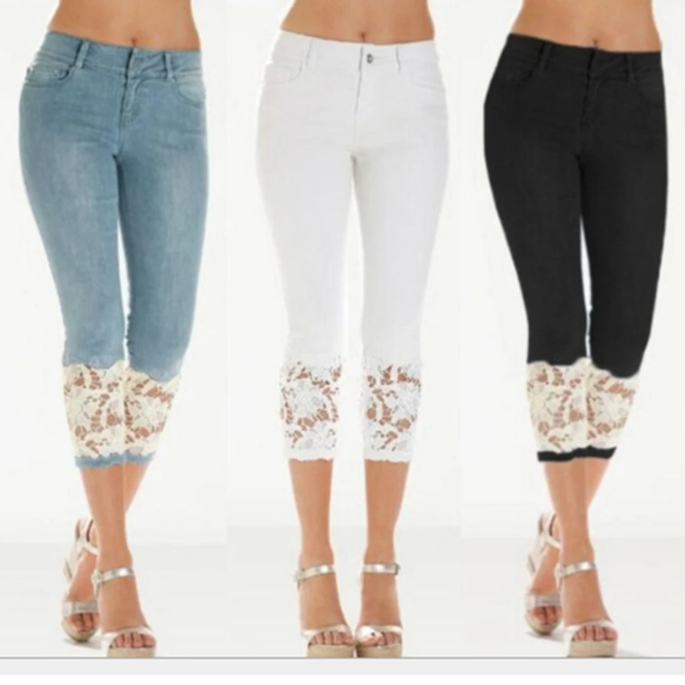Gospe Denim Jeans Sredi Pasu Moda Slim Fit Šivanje Čipke Slog Mama Kavbojke 2020 Poletje Novo Čipke Dame Jeans Odrezana Hlače
