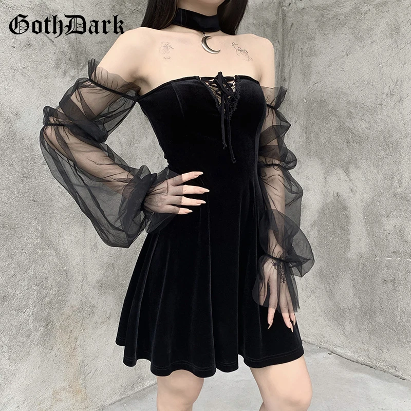 Goth Gothic Dark Mesh Mozaik Črne Obleke Visoko Pasu Čipke Spredaj Backless Off Ramenski Mini Obleka Naguban Ženske Partywear