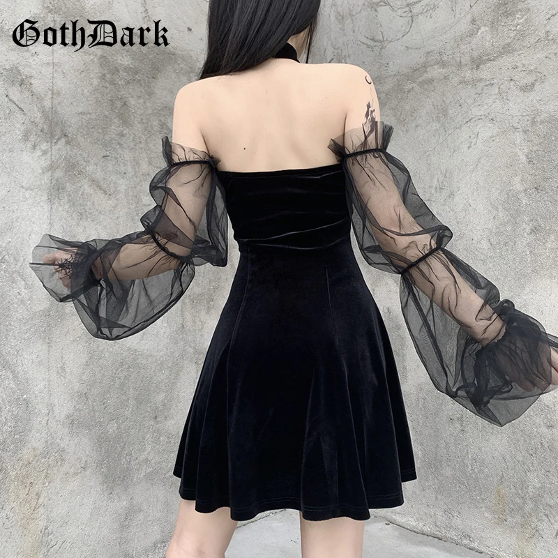 Goth Gothic Dark Mesh Mozaik Črne Obleke Visoko Pasu Čipke Spredaj Backless Off Ramenski Mini Obleka Naguban Ženske Partywear