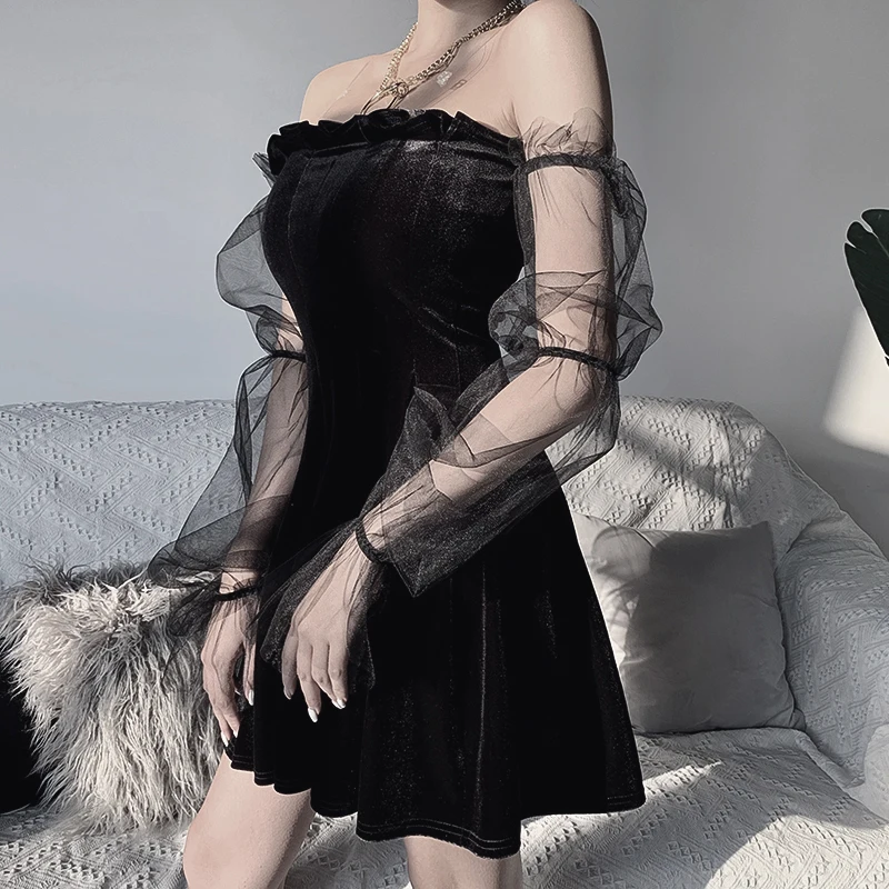 Gothic Black Seksi 2020 Ženske Poševnica Vratu Očesa Splice Votlih Iz Listnatega Dolg Rokav Mini Obleka Goth Punk Off Ramenski Stranke Obleke