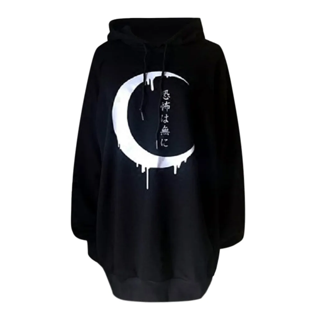 Gothic Priložnostne Ženske Hoodies Plus Velikost Lune Tiskanja Zimski Pulover Splice Retro Japonskem Slogu Debele Svoboden Ženski Splice Majica