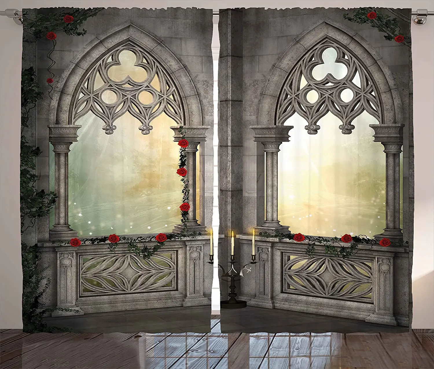 Gothic Zavese Letnik Otomanske Palače Balkonom za Sultani z Rdeče Vrtnice Cvetovi Ivy Teraso, Dnevna Soba, Spalnica Okno Draperije