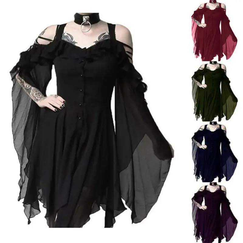 Gothic Ženska Moda Temno V Ljubezni Ruffle Rokavi Off Ramenski Gothic Midi Obleko