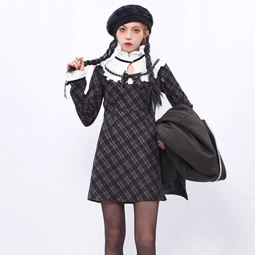 Gothic Ženske obleke Pomlad Jesen Nov Modni Hipster Oblikovalec Preproste Ustvarjalne Vroče Prodaje Bowknot Ruffle Predalčni Stand-up Ovratnik