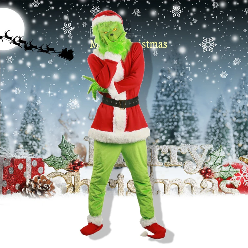 Grinch Kostum za noč Čarovnic, Božič Božiček Kostum za Odrasle Grinch Cosplay Kostum, Kako je Grinch Ukradel Božič Obleke Z Masko