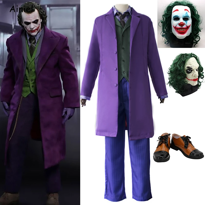 Halloween Joker Grozo Stranka, Cosplay Dark Knight Heath Ledger Joker Vijolično Jarek Plašč Kostum Klovn Čevlji Masko Odraslih Otrok