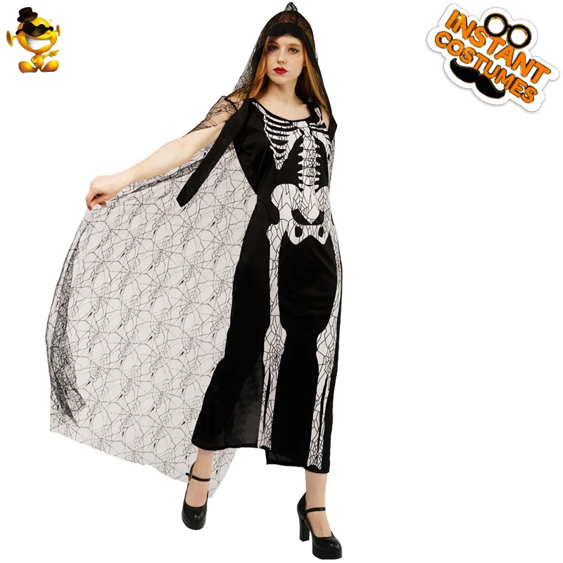 Halloween Okostje Kostum za Odrasle Črna Lobanje Jumpsuit Oblačila Cosplay Moški&Ženske Demon Okostje Kostum za Pustni Party