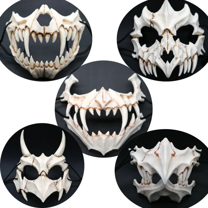 Halloween Pol Živalske Maske Smolo Masko Cosplay Dolge Zobe Demon Samurai Smolo Masko Cos Bele Kosti Masko Tengu Zmaj, Tiger Yaksa