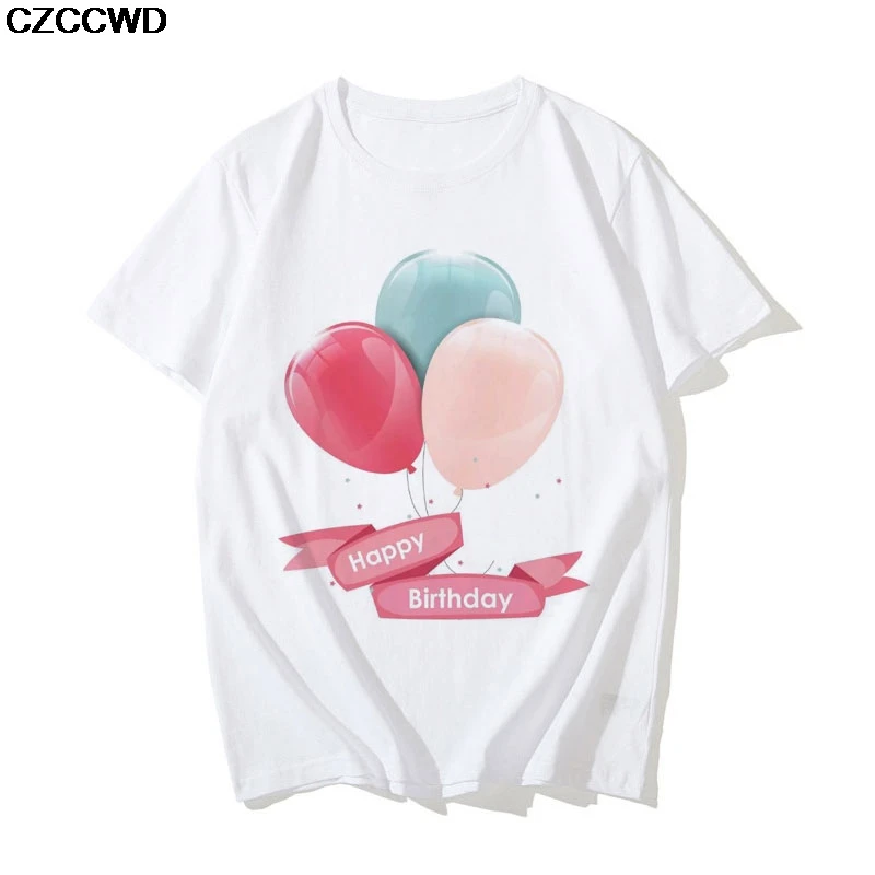 Happy Birthday Pismo Harajuku Majica s kratkimi rokavi Ženske Kawaii Baloni Natisni T-shirt Modi Priložnostne Plus Velikost Tshirt Moda Vrh Tees Ženski