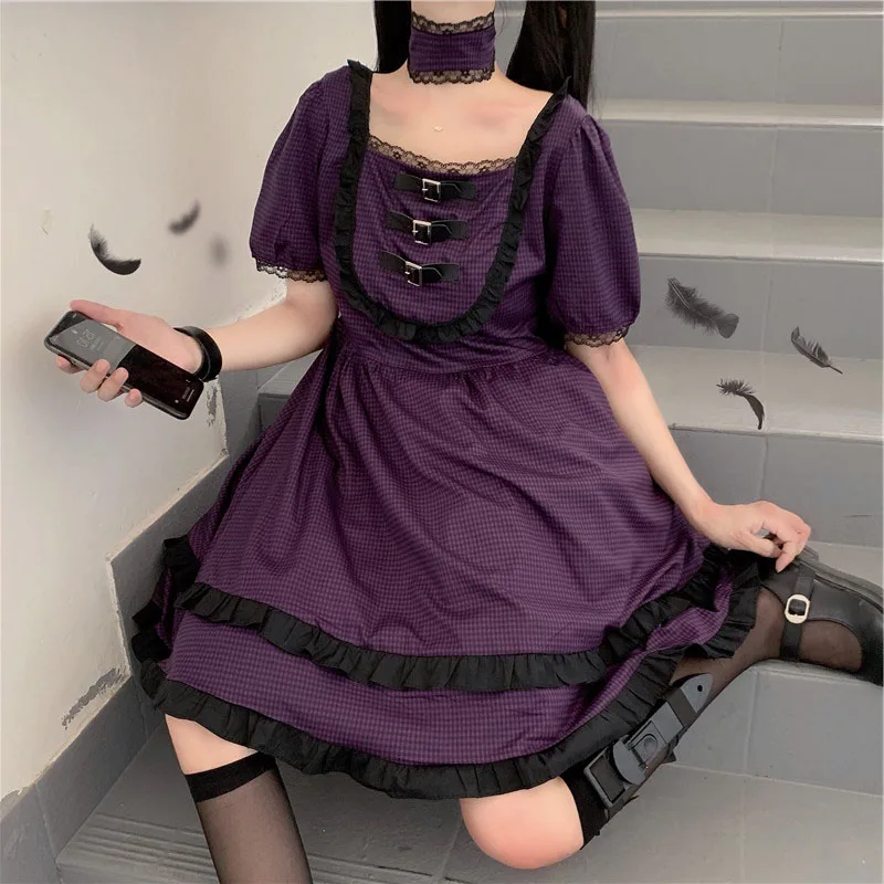 Harajuku Gothic Lolita Obleko Japonski Poletje Dekleta Vijolično Kariran Kawaii Mini Obleka Ženske Elegantne Sladko Čipke Ruffles Punk Obleke