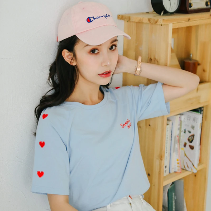 Harajuku majica s kratkimi rokavi Ženske Poletje Bombaž Srce Ljubezni, Vezenje Tshirt Preppy Stil Priložnostne korejski Oblačila O-vratu Kawaii Vrhovi Tumblr