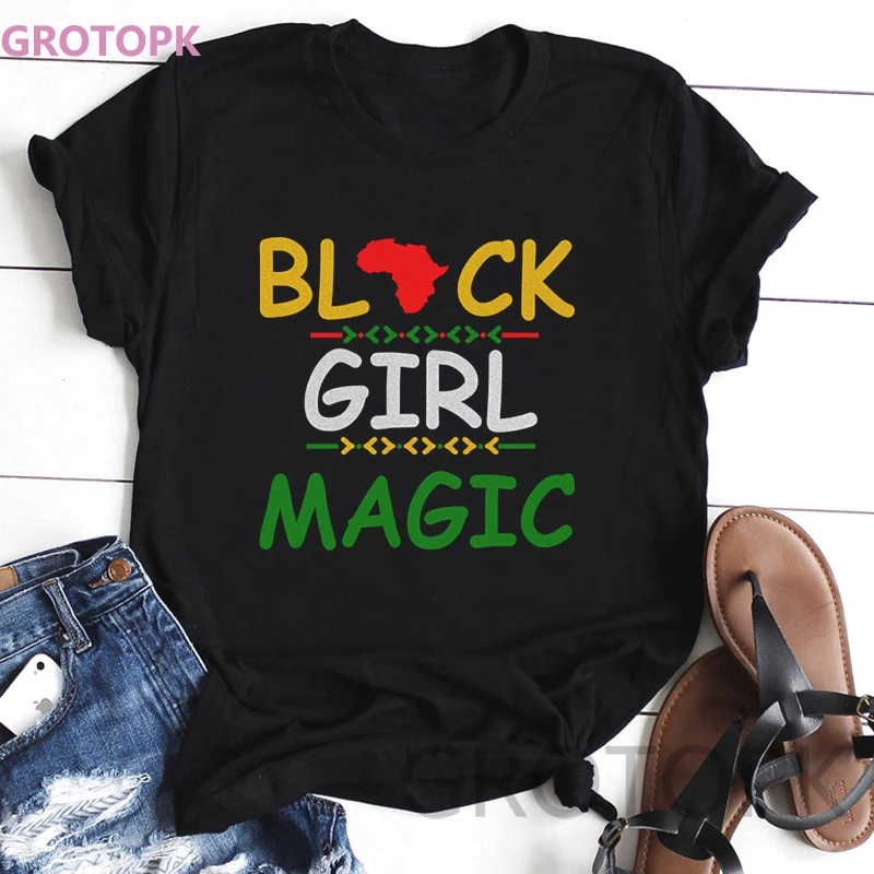 Harajuku Melanin Poppin Black Magic Girl T-shirt Smešno Črno Dekle Tiskanja korejskem Slogu Vrh Gotske Letnik Ženske T-shirt Ženski