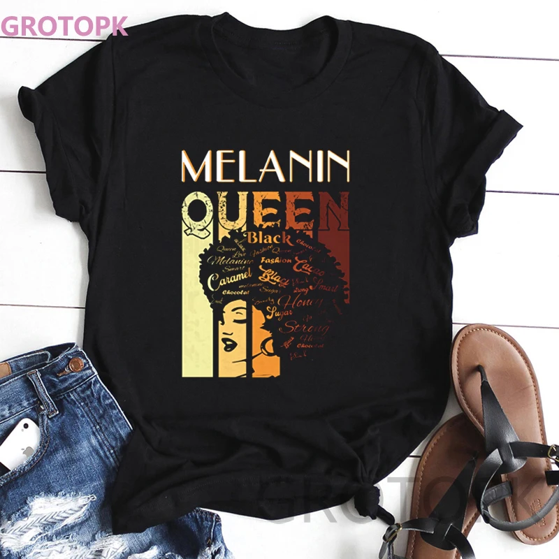 Harajuku Melanin Poppin Black Magic Girl T-shirt Smešno Črno Dekle Tiskanja korejskem Slogu Vrh Gotske Letnik Ženske T-shirt Ženski