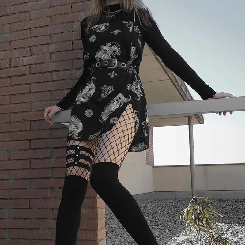 Harajuku Visoko Pasu Estetske Poletje 2020 Tiskanja Ženske Obleke Temno Gothic Letnik Punk Zmaj Elegancija Obleke Trak Backless Vestidos