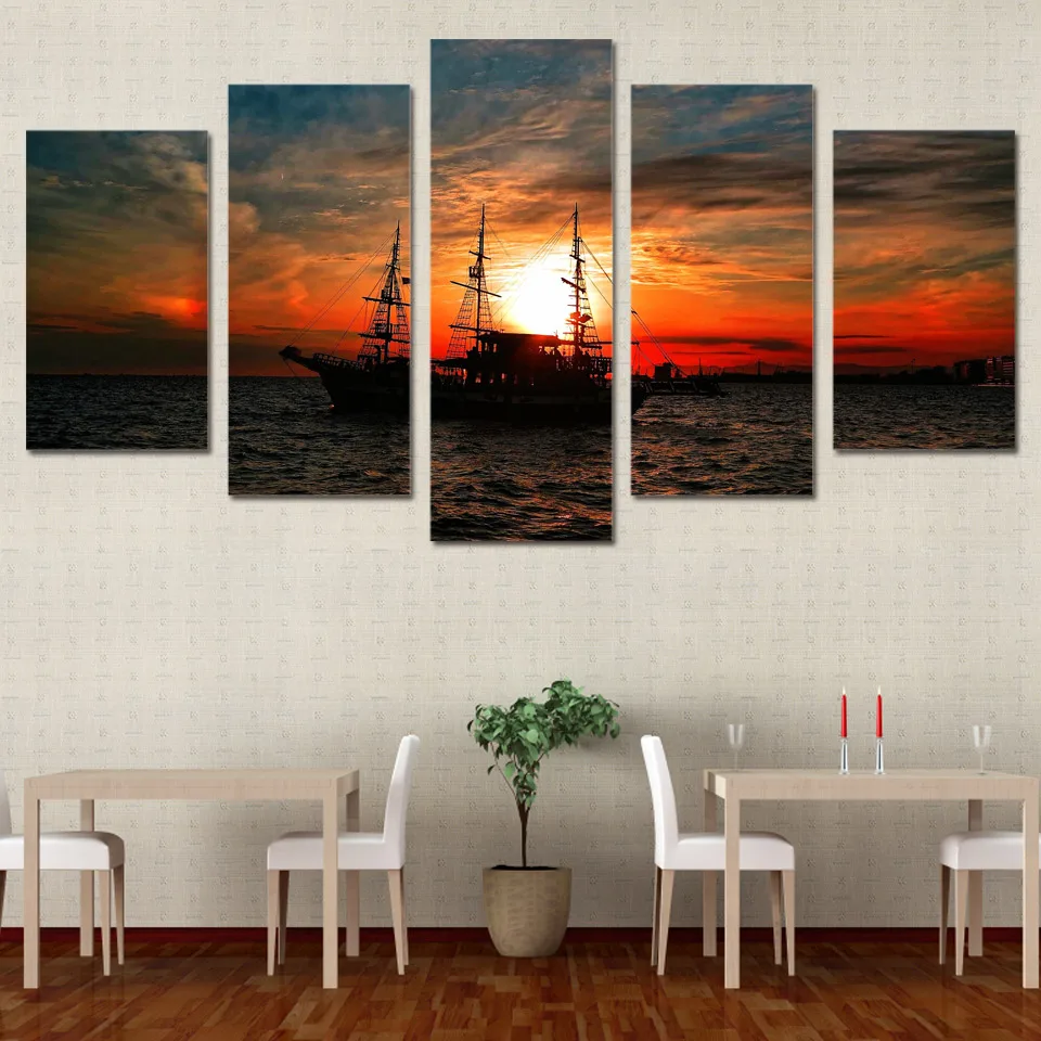 HD Natisnjeni 5 kos wall art platna slike seascape ocean čoln sončnem zahodu oblaki stenske dekoracije dnevna soba platno umetnosti ny-6227