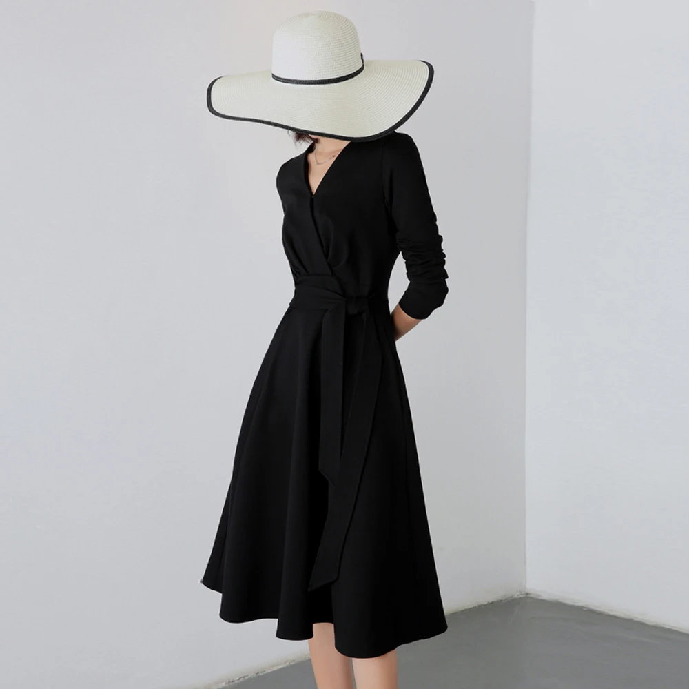 Hepburn Letnik 2019 Nov Prihod Sashes A-line Zaviti Obleko Visoko Pasu Long Sleeve Solid Black Rdeče Ženske Stranke Obleke