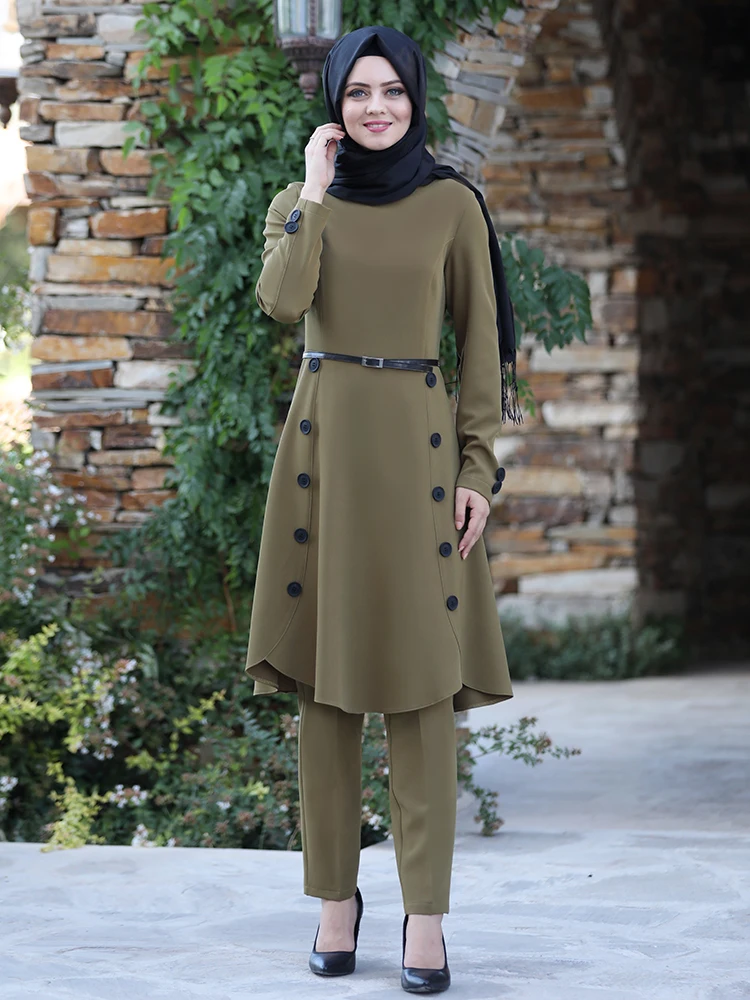 Hidžab bo Ustrezala 2 Kos Dres Hlače Islamske Muslimanske Ženske Kombinacija Gumb Podrobno Kakovosti Tkanine Pasu Izdelane v Turčiji