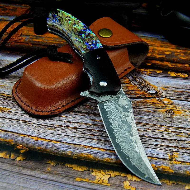 High-end VG10 Damask jekla velike bowe folding nož prostem oster lovski nož zbirka nož + visoke kakovosti usnja primeru