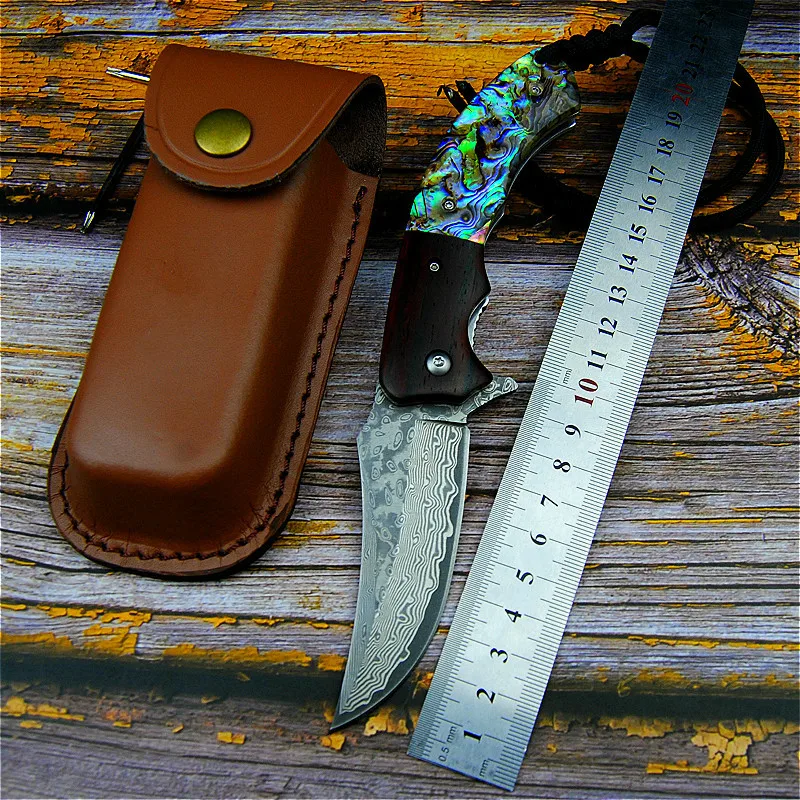 High-end VG10 Damask jekla velike bowe folding nož prostem oster lovski nož zbirka nož + visoke kakovosti usnja primeru