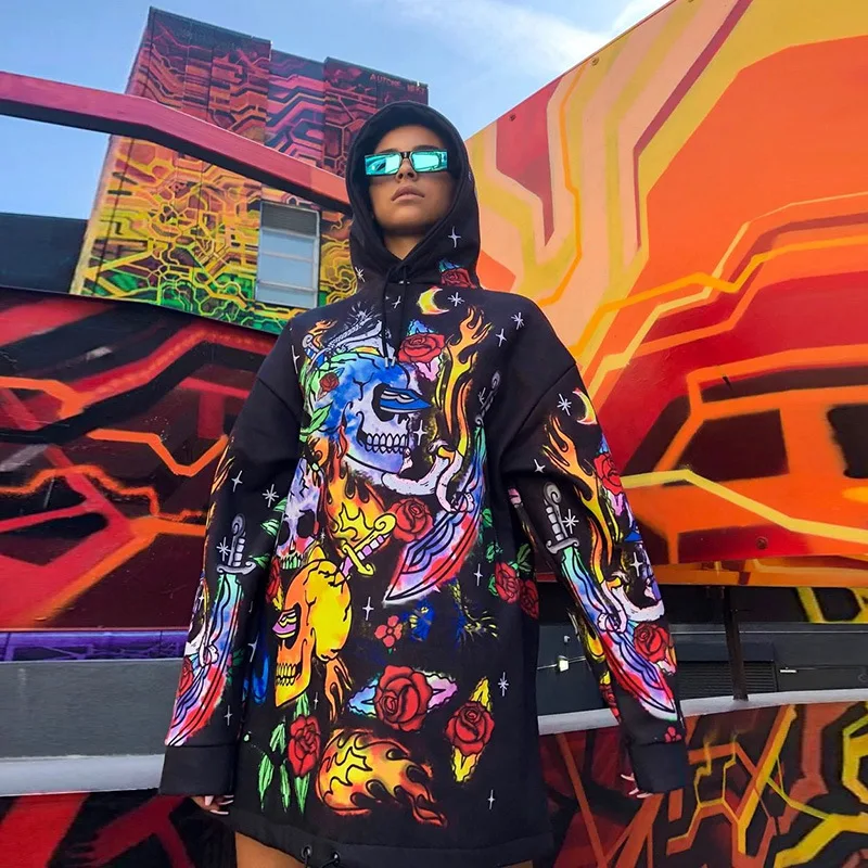 High Street Ženske Jeseni, Pozimi Novo Hip Hop Digitalni Tisk Hooded Vrvico Priložnostne Dolgo Sleeved Majica S Kapuco Vrhovi
