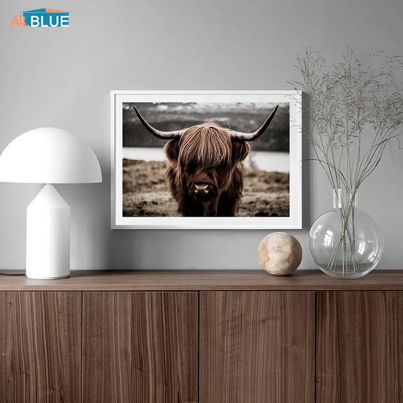 Highland Krava Ovca Nosi Plakat Nordijska Platno Fotografij Živali, Pokrajine Wall Art Dekorativne Slike Za Dnevni Sobi Doma Dekor