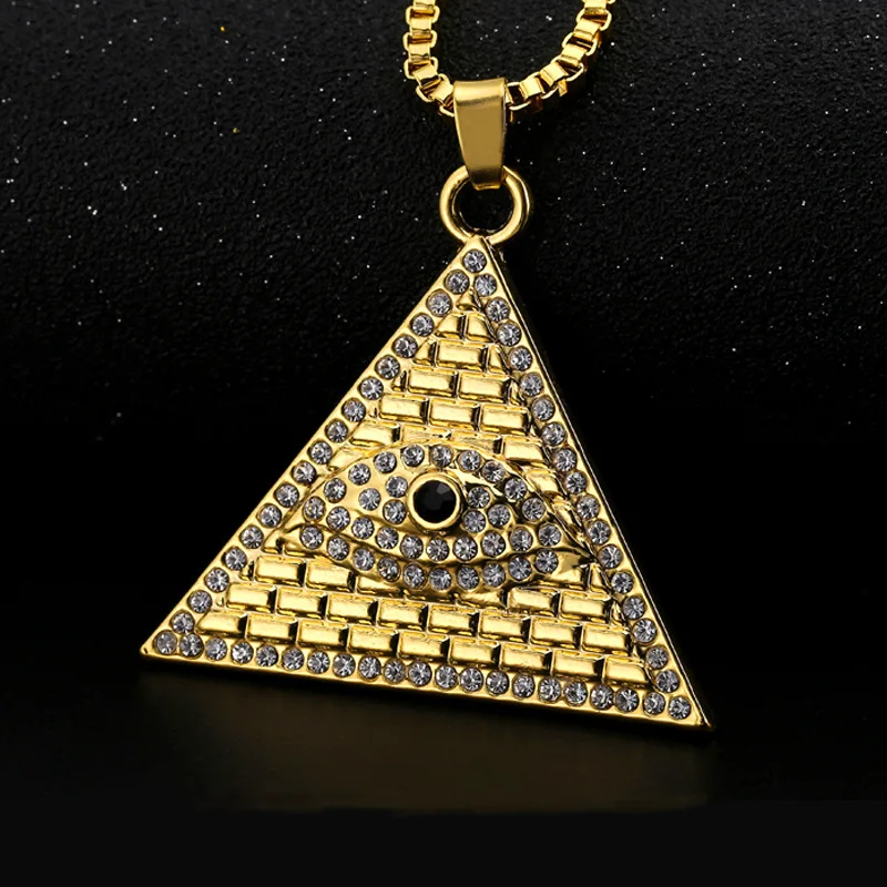 Hip Hop Bling Ied Iz Zlata Barva Trikotnika Egipt Piramide, Obeski, Ogrlice Illuminati Oči Moških Rock Nakit s 60 cm Polje Verige
