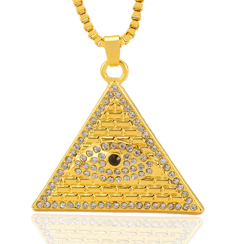 Hip Hop Bling Ied Iz Zlata Barva Trikotnika Egipt Piramide, Obeski, Ogrlice Illuminati Oči Moških Rock Nakit s 60 cm Polje Verige