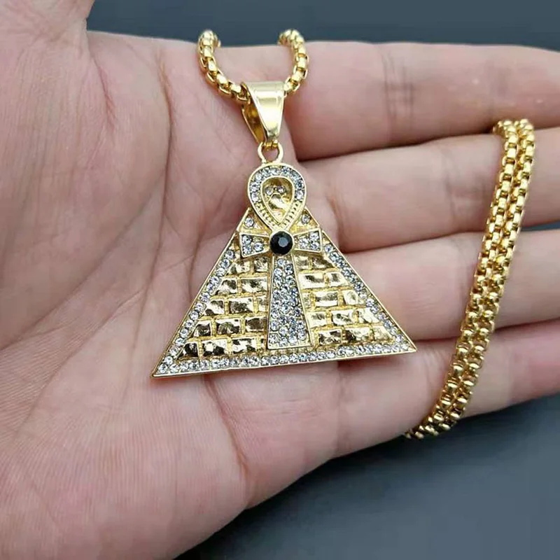 Hip Hop CZ Cirkon Bling Ledeni Iz Zlata, iz Nerjavnega Jekla Ankh Križ Egiptovske Piramide, Ogrlico, Obesek za Moške Nakit Rapper