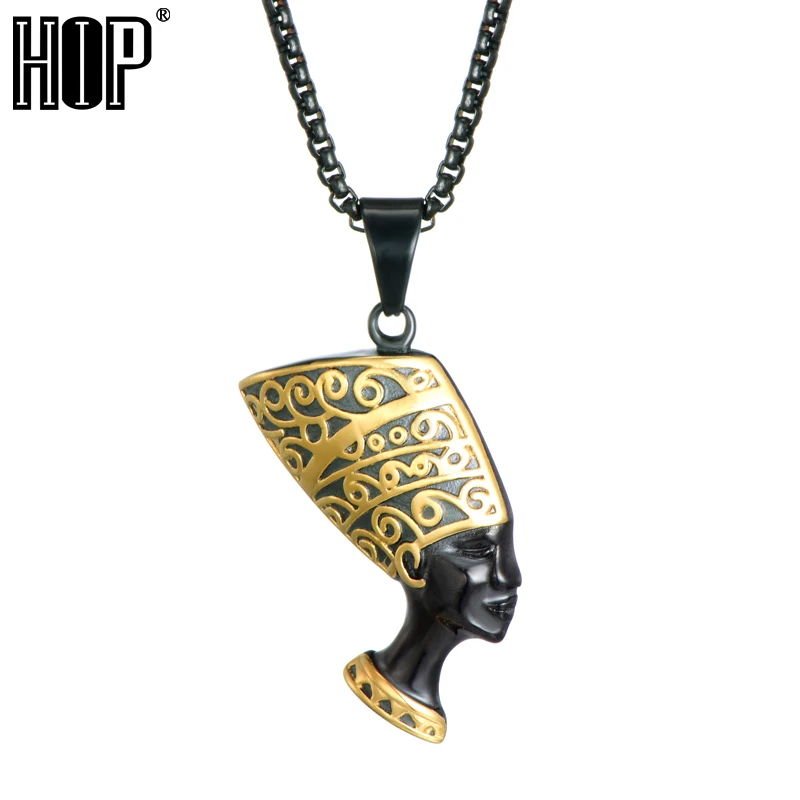 HIP Hop Moških Črno Ogrlico iz Nerjavečega Jekla 316L Starem Egiptu Kraljica Nefertiti Obeski, Ogrlice Mens Hiphop Rock Nakit