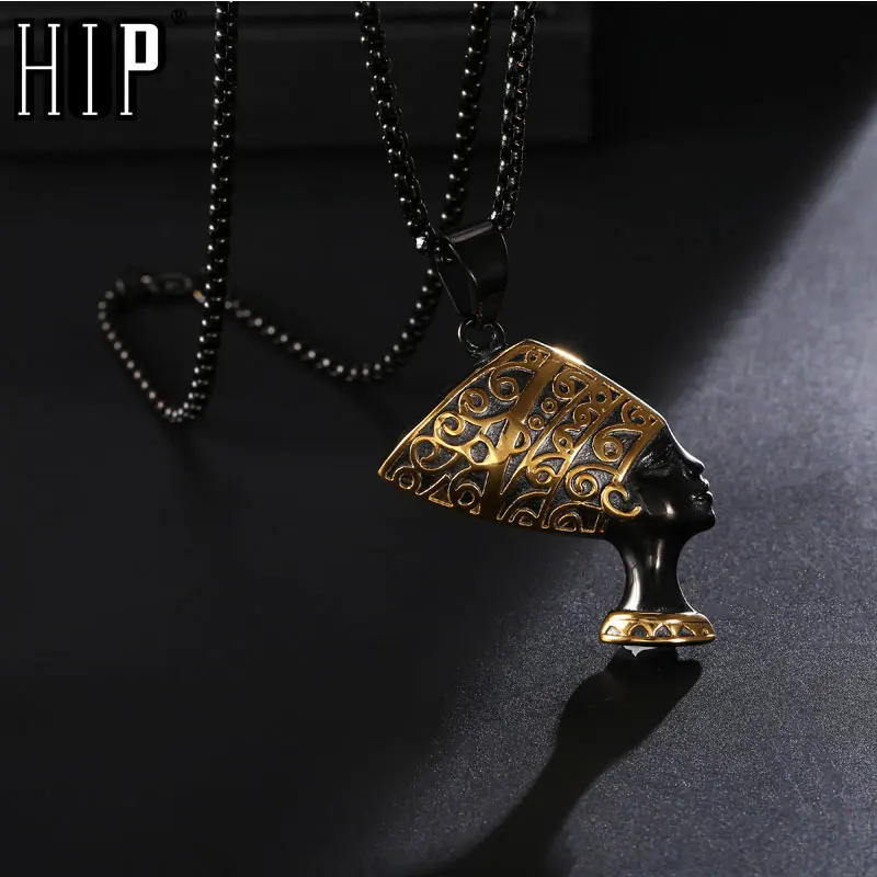 HIP Hop Moških Črno Ogrlico iz Nerjavečega Jekla 316L Starem Egiptu Kraljica Nefertiti Obeski, Ogrlice Mens Hiphop Rock Nakit
