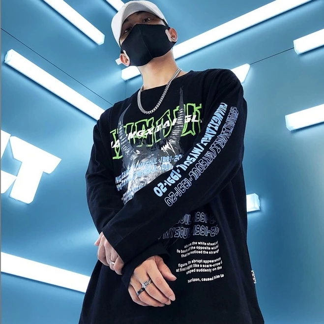 Hip Hop Rog Znak Črko Tiskanja Moški Pulover Majica Fashion Ulične 2020 Harajuku Priložnostne Bombaž Dolg Rokav Tshirts Moški