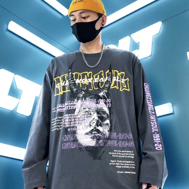 Hip Hop Rog Znak Črko Tiskanja Moški Pulover Majica Fashion Ulične 2020 Harajuku Priložnostne Bombaž Dolg Rokav Tshirts Moški