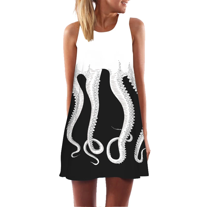 Hobotnica Popek 3D Tiskanja Ženske Tank Obleko Pomlad Poletje Priložnostne Ženske Pero Elegantno Plažo, Obleke Haljo Femme Mini Vestidos