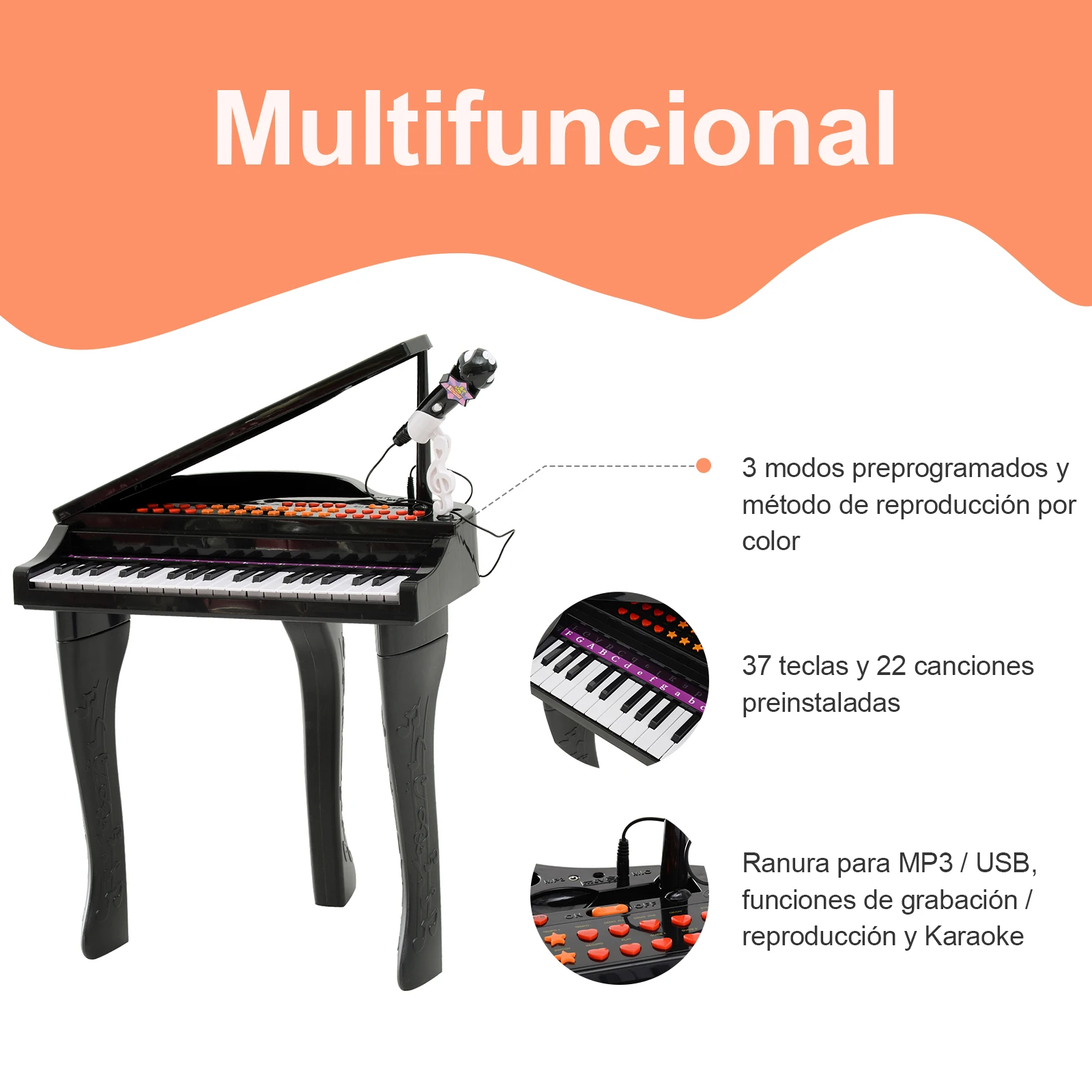 HOMCOM elektronsko igračo Klavir tipkovnico s 37 tipke Klavirja otrok glasbeno izobraževanje instrument Črna
