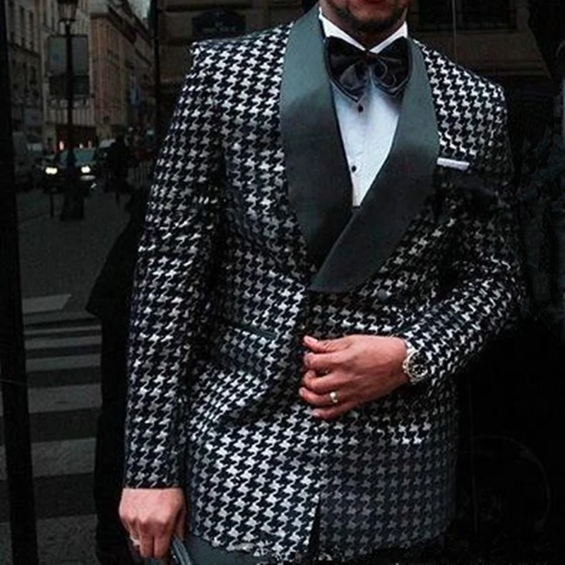Houndstooth Jopič Tuxedos Ženina Moške Obleke Moške Poročne Obleke Jopičem Kostume De Kajenje Pour Hommes Moških Enem Kosu Jakna