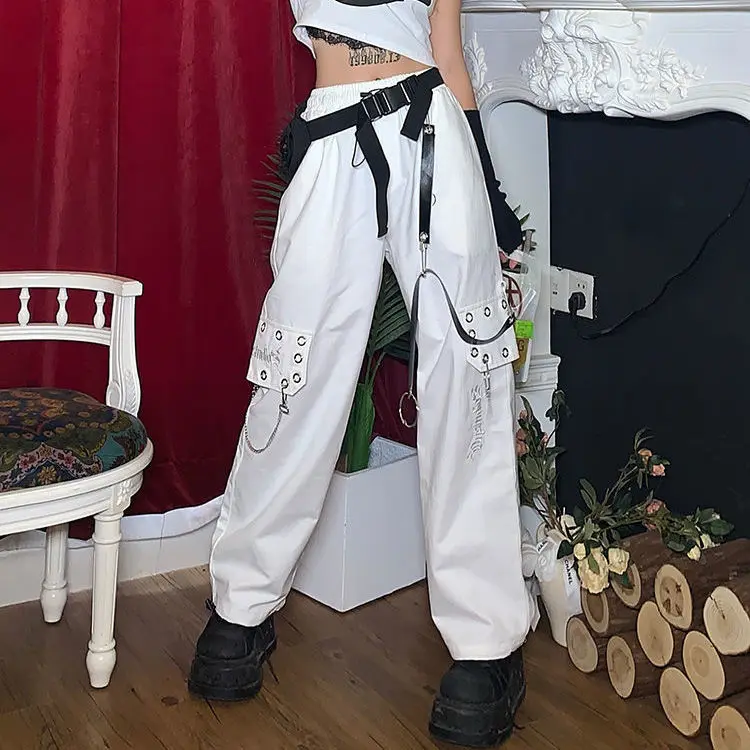 HOUZHOU Hip Hop Obleke za Ženske Jeseni Leta 2020 Moda Hlače Bele Priložnostne Vezenje Širok Noge Hlače Verige Ohlapne Hlače